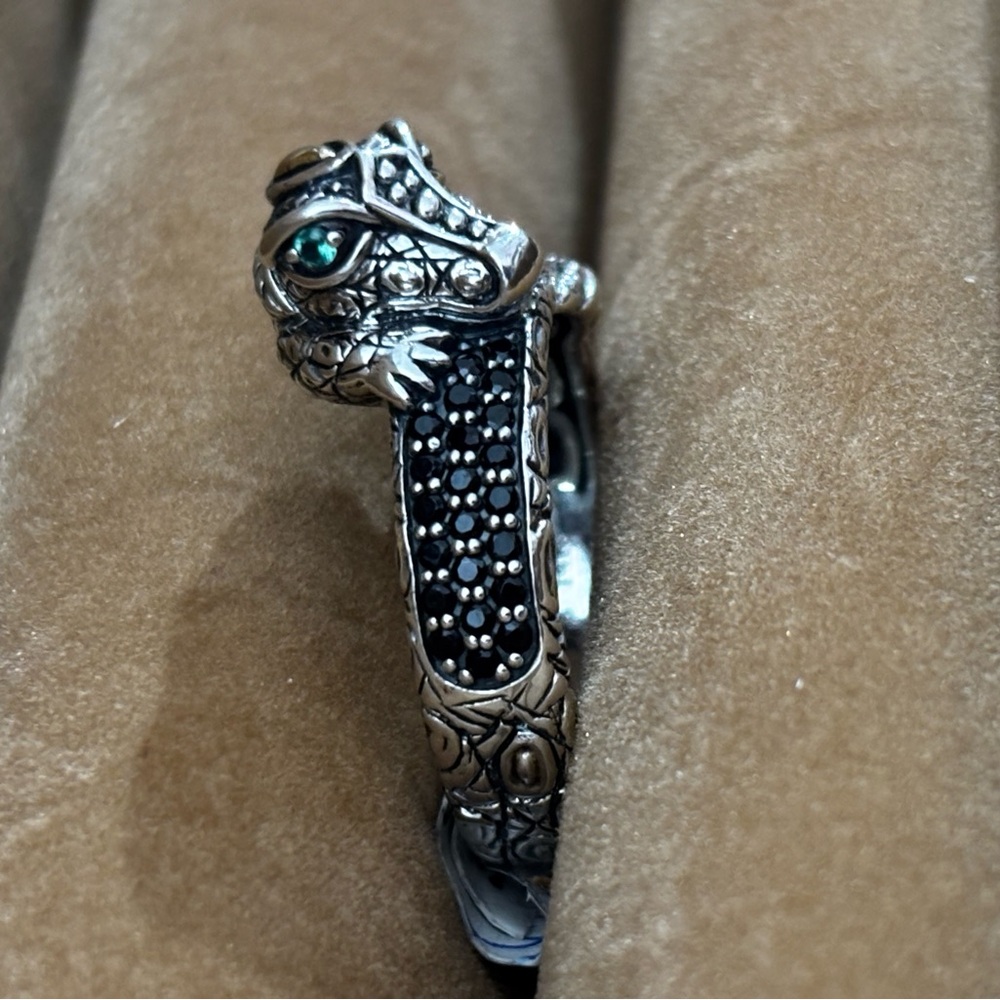 Jai John Hardy Silver 14k Black spinel pave Crocodile Ring with green eye 8 - Picture 3 of 4